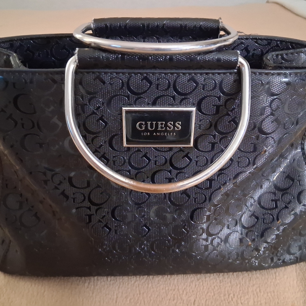 GUESS Black Embossed Satchel with Silver Accents